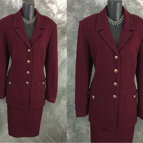 BEAUTIFUL st john collection knit burgundy jacket skirt suit size 10 12 - Picture 2 of 10